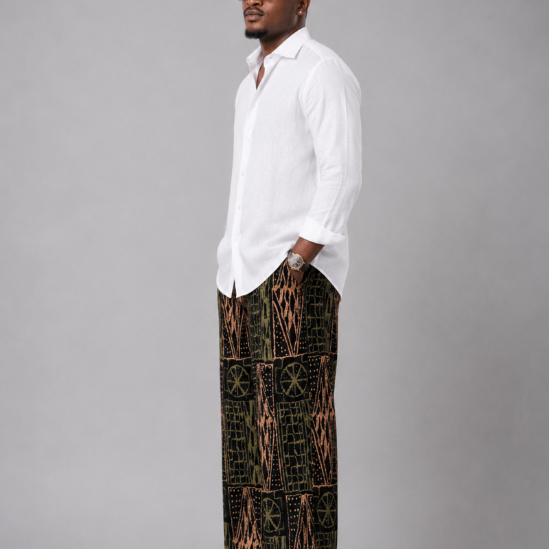 Men’s African Print Wide-Leg Pants & Matching Traditional Hat