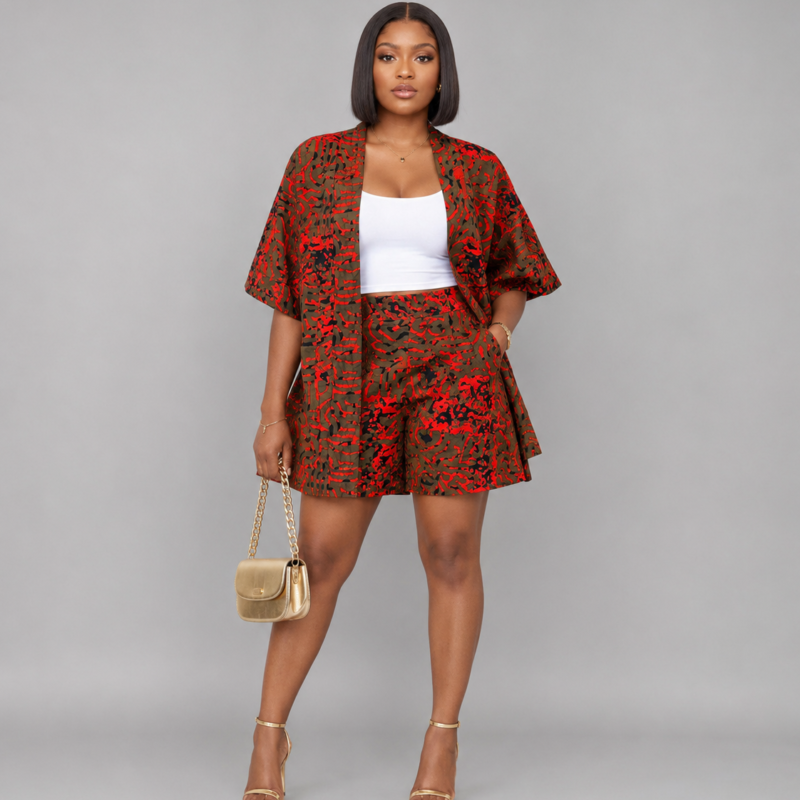 Orange & Black Ankara Kimono Two-Piece Set