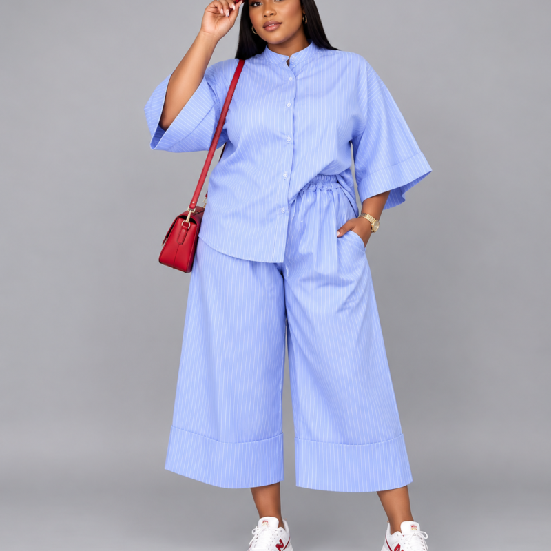 Women’s Pinstripe Wide-Leg Two-Piece Set